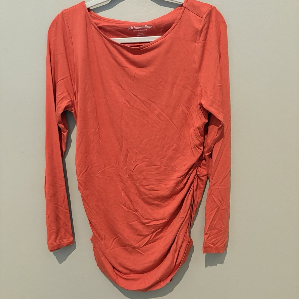 Soft Surroundings Top Womens Medium‎ Orange Ruched Sides Long Sleeve Tee Casual